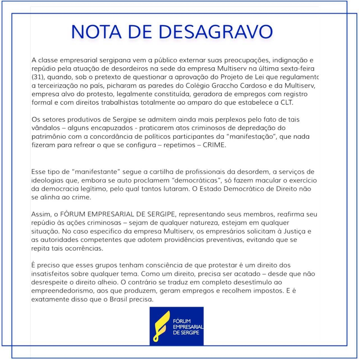 Classe Empresarial emite NOTA DE DESAGRAVO - (Imagem: Fórum Empresarial de Sergipe)