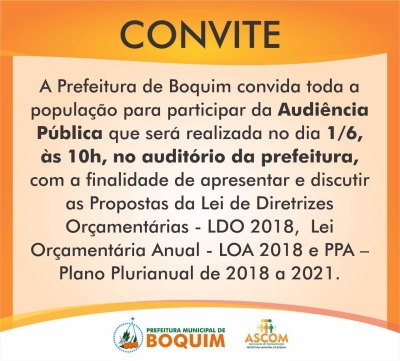 Prefeitura de Boquim promoverá audiência pública para discutir PPA, LDO e LOA (Foto: Divulgação Prefeitura Municipal de Boquim)