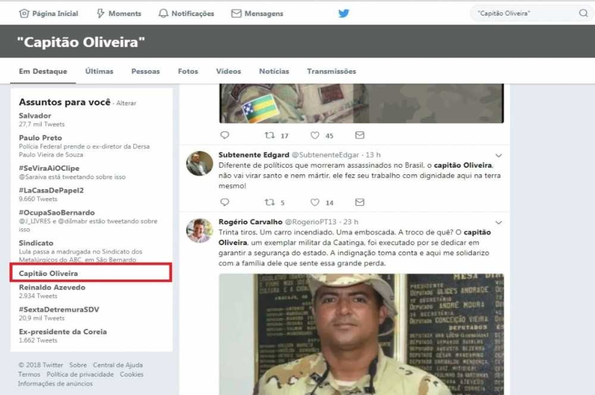 O nome Capitão Oliveira aparece na lista de Trending Topics do Twitter (Foto: Reprodução/ Twitter/ Via Portal Infonet)