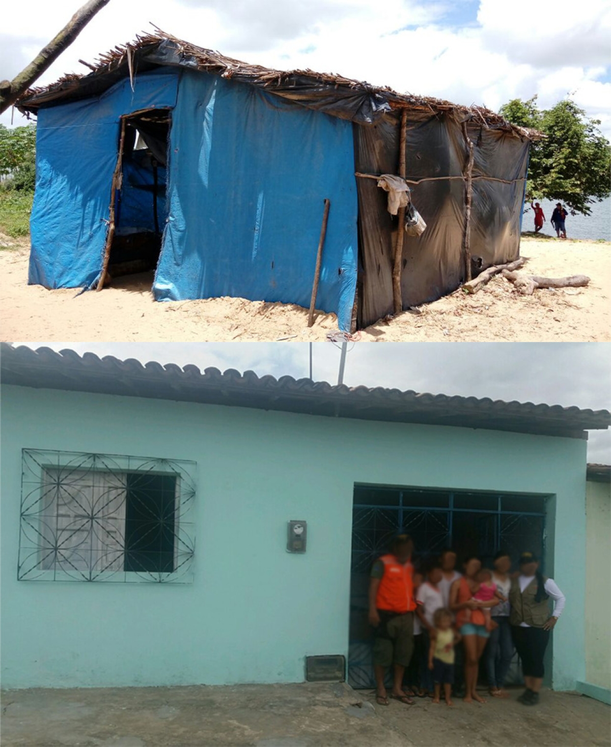 Imagem mostra barraco de lona da família e a nova residência, após intervenção da FPI/Sergipe (Foto: Assessoria FPI/SE)