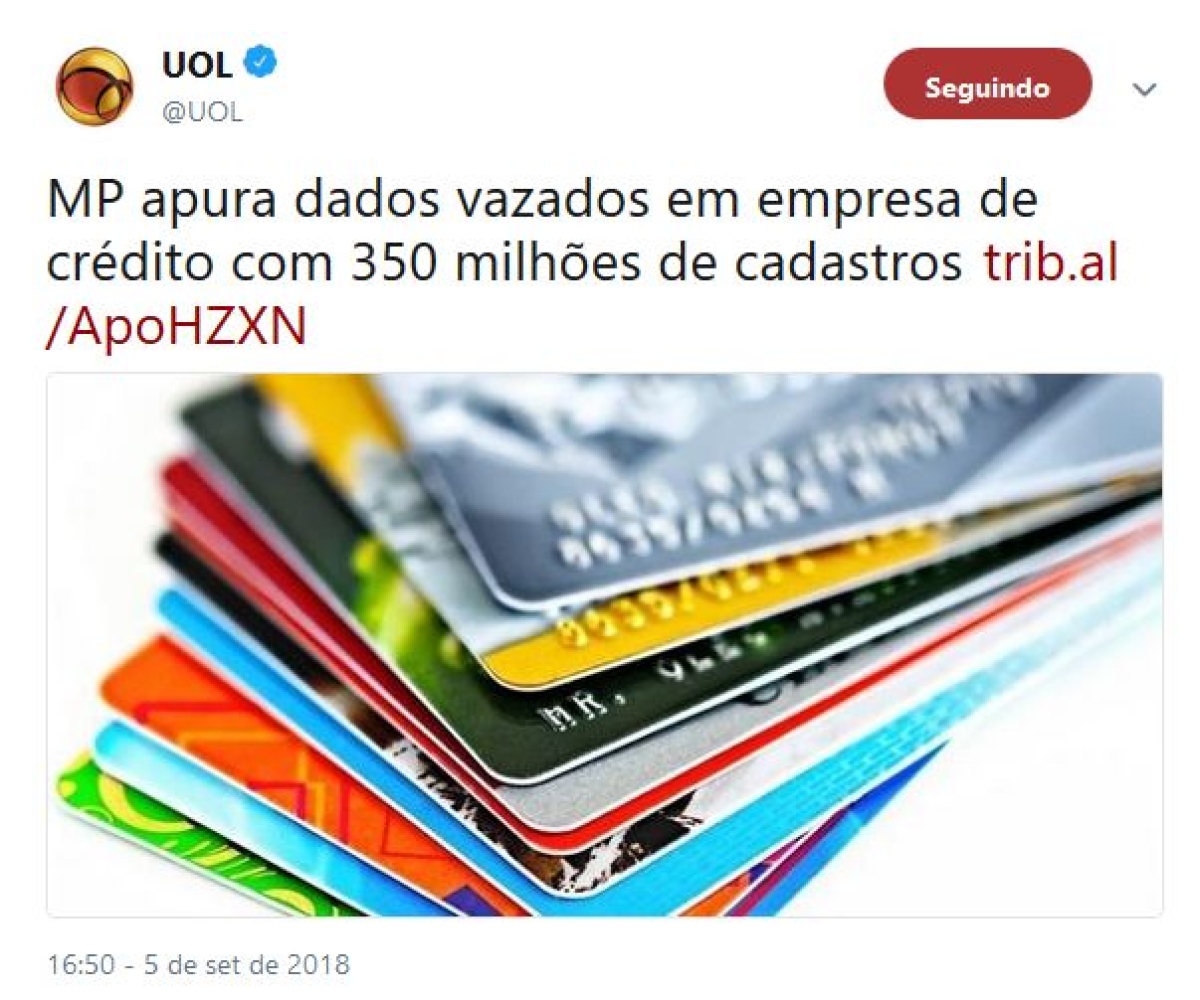 MP apura dados vazados em empresa de crédito com 350 milhões de cadastros (Imagem: Reprodução/ Twitter/@UOL)