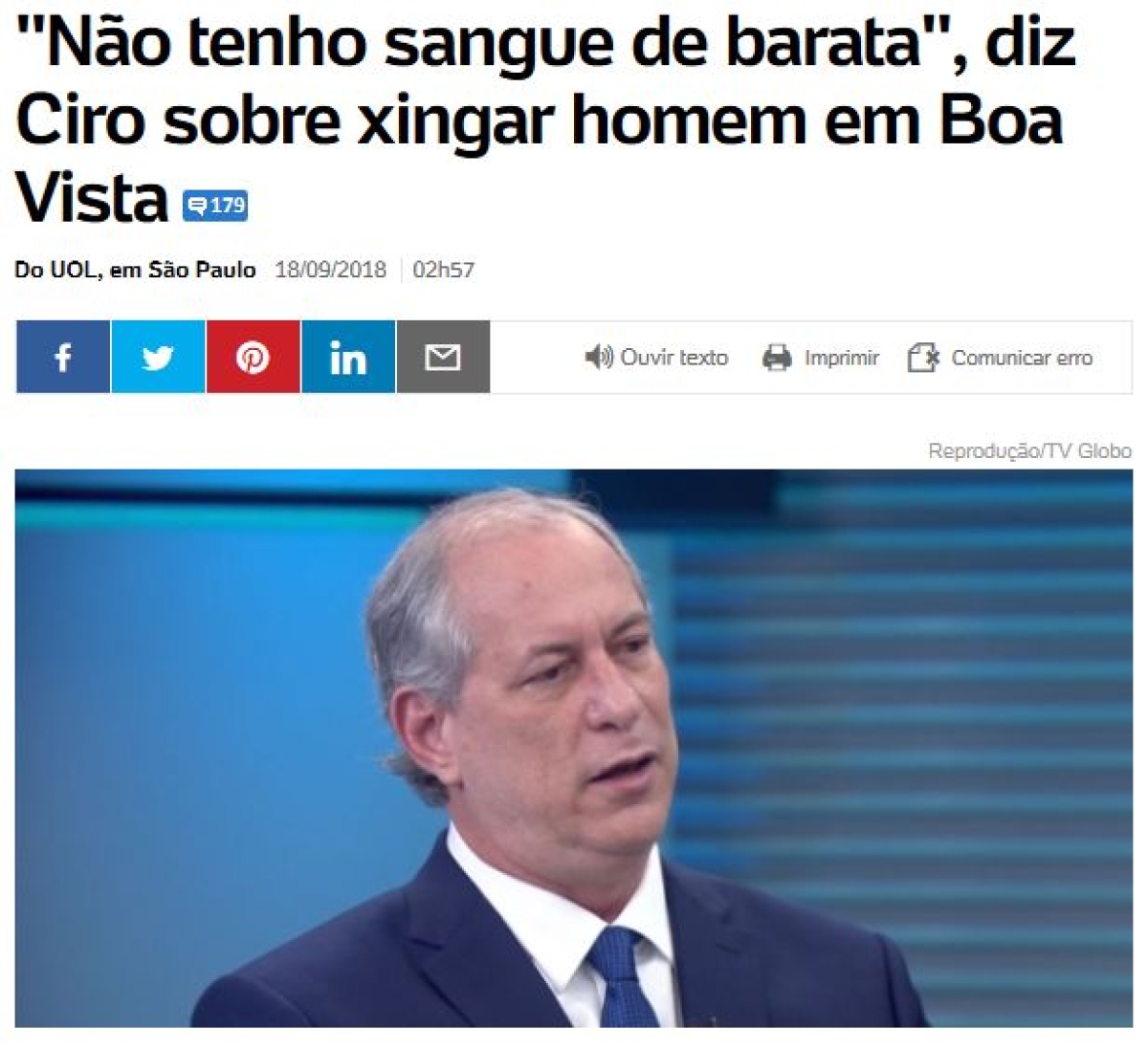 "Não tenho sangue de barata", diz Ciro Gomes sobre xingar homem em Boa Vista (Imagem: Reprodução/ UOL)