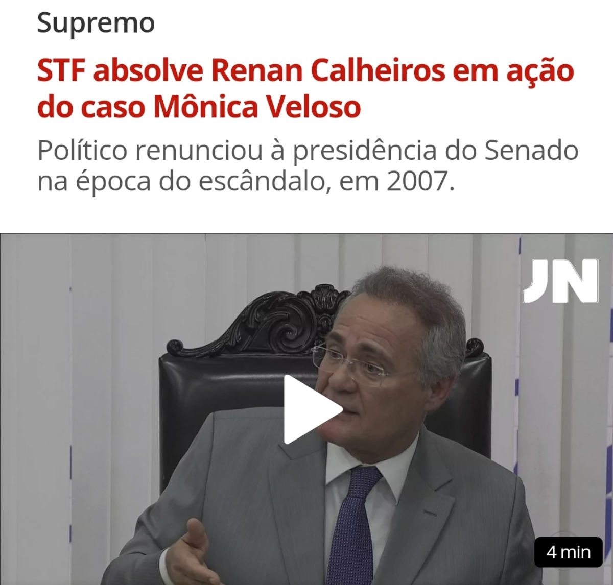 STF absolve Renan de acusação de peculato e desvio de dinheiro público (Imagem: Reprodução/ G1)