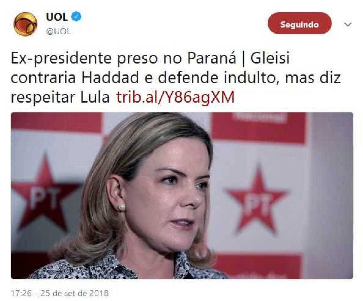 Gleisi Hoffmann contraria Fernando Haddad e defende indulto, mas diz respeitar opção de Lula (Imagem: Reprodução/ Twitter/ @UOL)