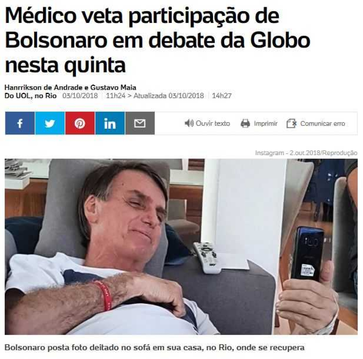Eleições 2018: Médico veta participação de Bolsonaro em debate da Globo nesta quinta, 4/10 (Imagem: Reprodução/ UOL)