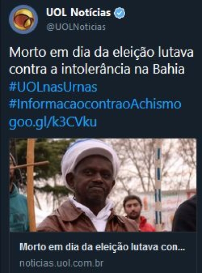 Morto em dia da eleição lutava contra a intolerância na Bahia - Imagem: Twitter/UOL