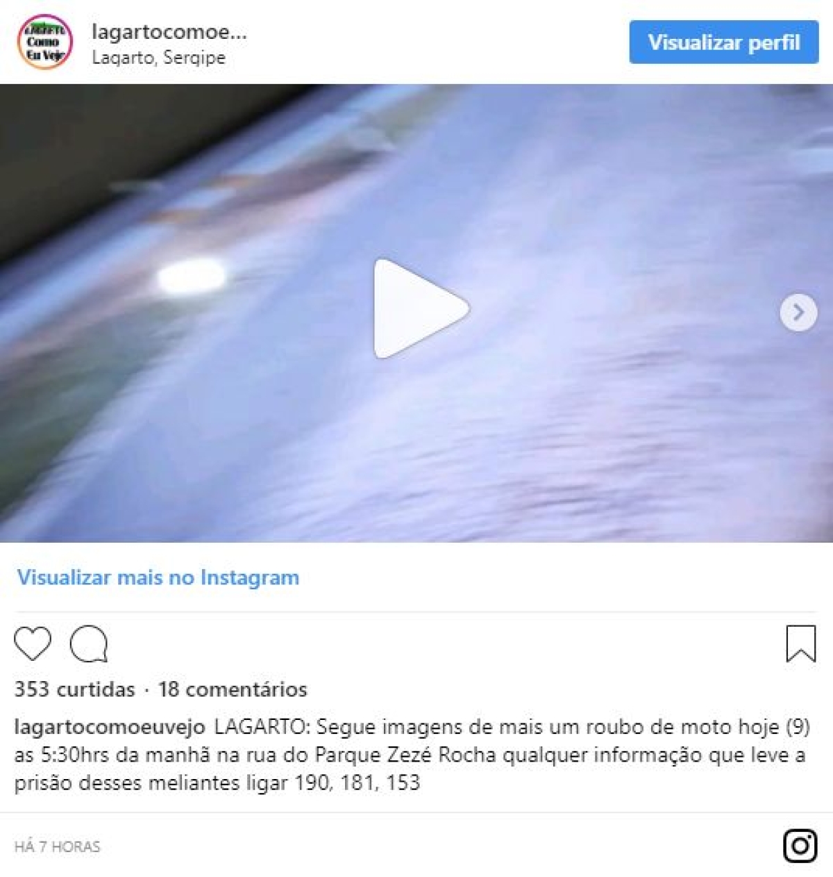 Em Lagarto, criminosos assaltam mulher que voltava do trabalho; câmeras registraram (Imagem: Reprodução/ Instagram/ Lagarto Como Eu Vejo)