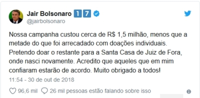 Jair Bolsonaro quer doar resto de campanha para hospital em Juiz de Fora (Imagem: Reprodução/ Twitter)