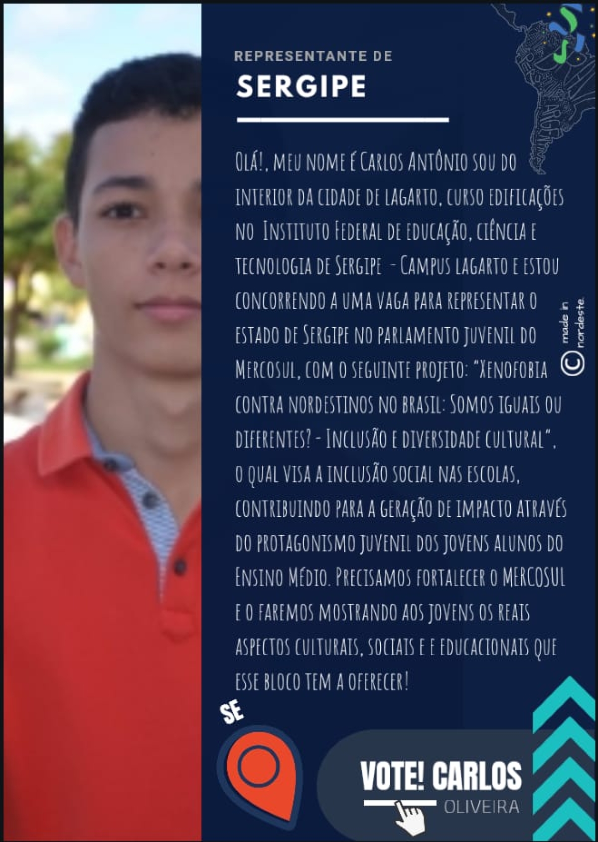 Aluno do Campus Lagarto concorre a uma vaga no Parlamento Juvenil do Mercosul (Imagem: Divulgação)
