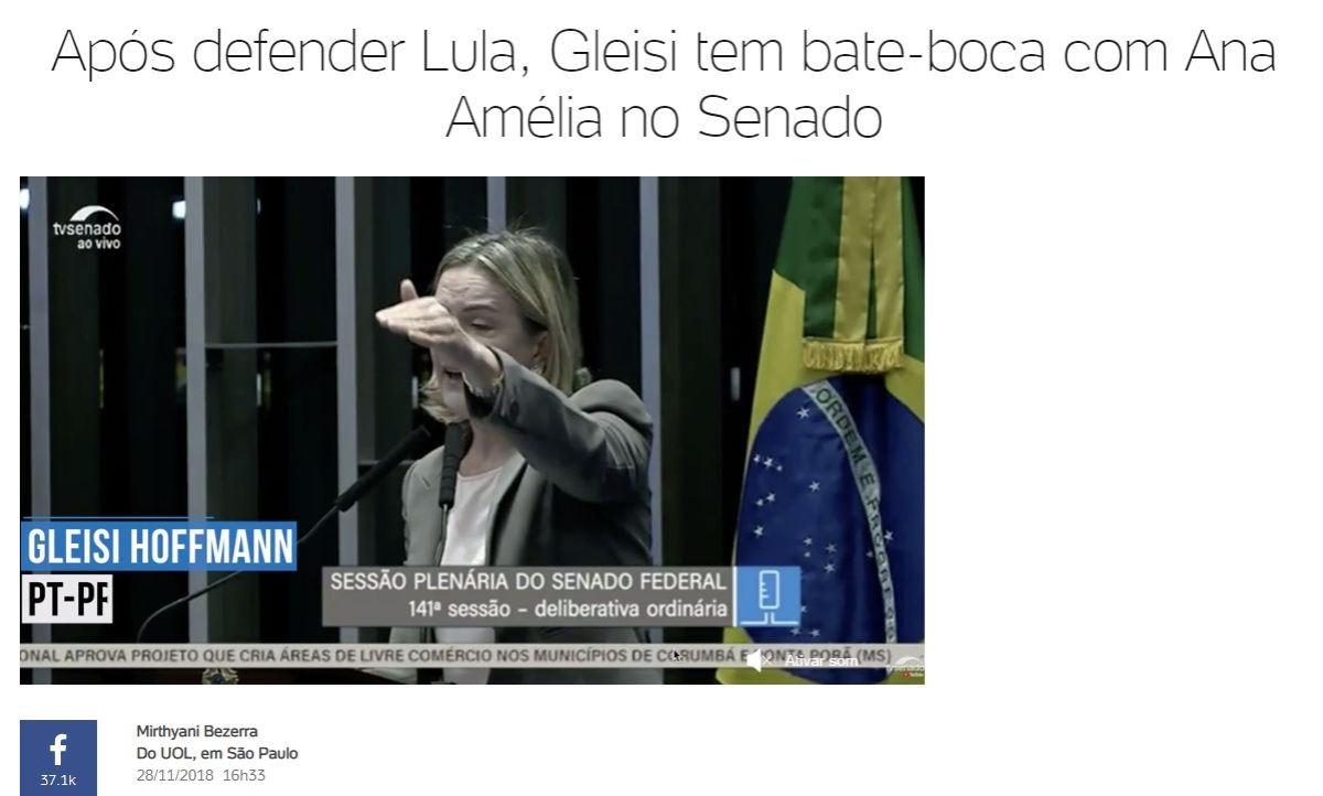 Após defender Lula, Gleisi Hoffmann tem bate-boca com Ana Amélia no Senado  (Imagem: Reprodução/ UOL)