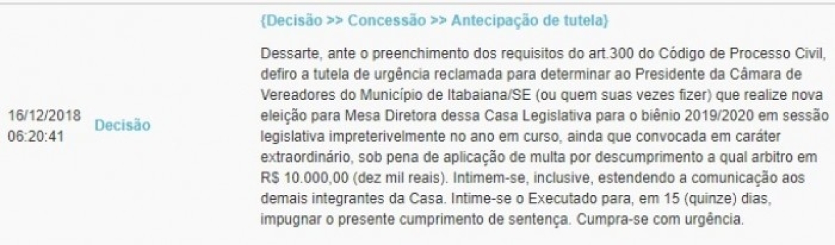 Justiça determina que seja realizado novas eleições para a mesa diretora da Câmara de Vereadores de Itabaiana, biênio 2019/2020 (Imagem: Reprodução)
