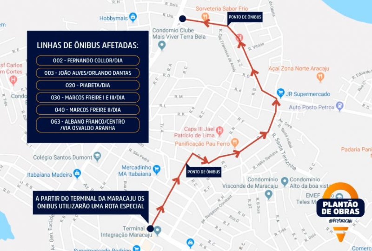 SMTT Aracaju informa alteração de itinerário de linhas de ônibus na avenida Euclides Figueiredo  (Imagem: SMTT/Aracaju)