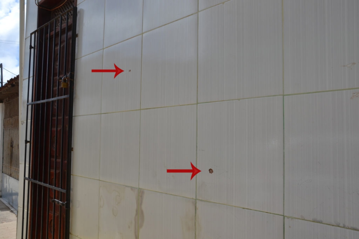 Marcas indicando que os projéteis atingiram a parede da residência (Foto: Portal Infonet)