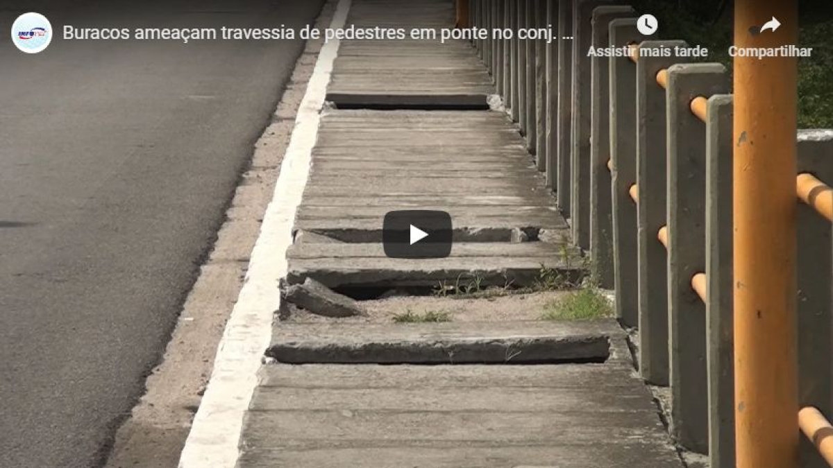 Buracos ameaçam travessia de pedestres em ponte no conjunto João Alves (Foto:  (Imagem: Reprodução de vídeo/ Portal Infonet)