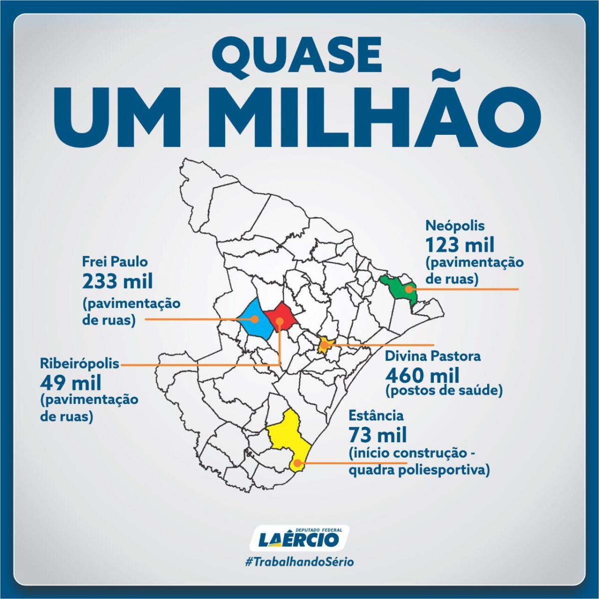 Laércio Oliveira consegue liberação de quase 1 milhão para 5 municípios sergipanos (Imagem: Assessoria Laércio Oliveira)