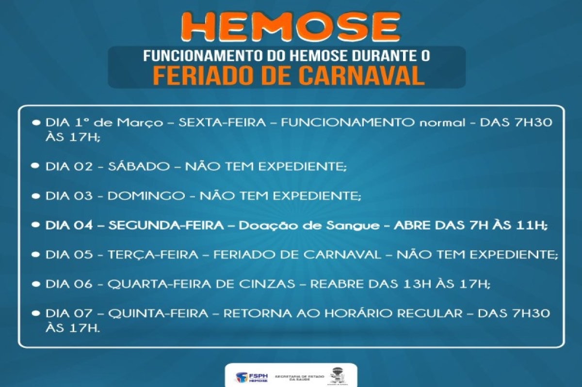 Hemose informa sobre funcionamento do serviço de coleta de sangue durante o Carnaval (Imagem: SES/SE)