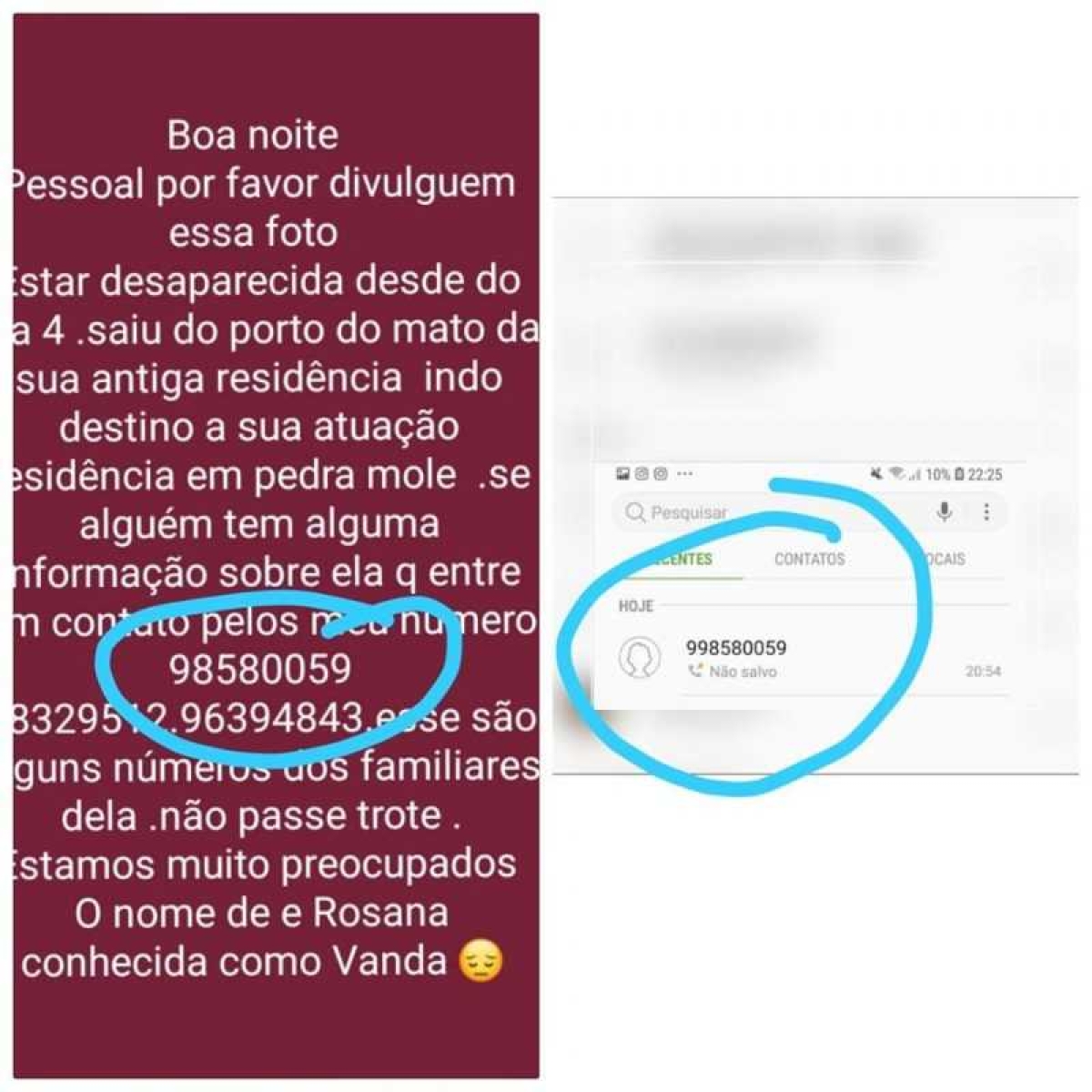 Texto da família com telefone para contato e registro do telefonema do DS para o número da família (Imagens: Reprodução/ Diário Sergipano)