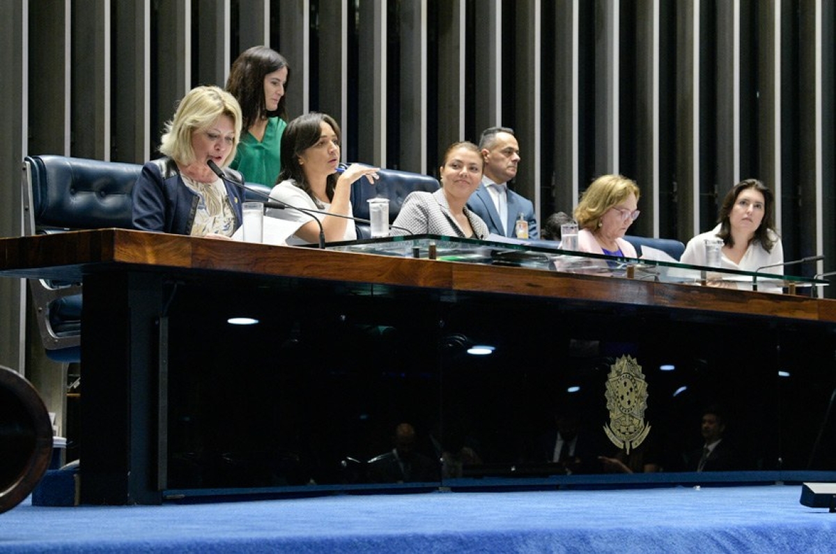 Mesa do Senado foi ocupada por senadoras durante parte da sessão deliberativa que analisou propostas relacionadas a direitos das mulheres (Foto: Roque de Sá/ Agência Senado)