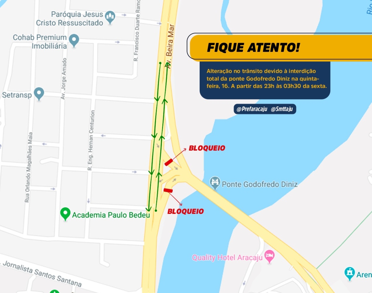 Tráfego na ponte Godofredo Diniz será interrompido nesta quinta-feira, a partir das 23h (Imagem: SMTT/Aracaju)