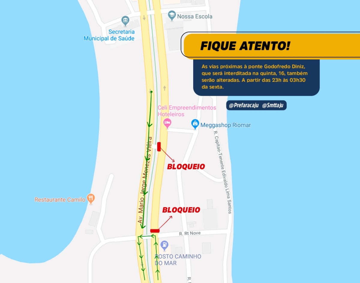 Tráfego na ponte Godofredo Diniz será interrompido nesta quinta-feira, a partir das 23h (Imagem: SMTT/Aracaju)