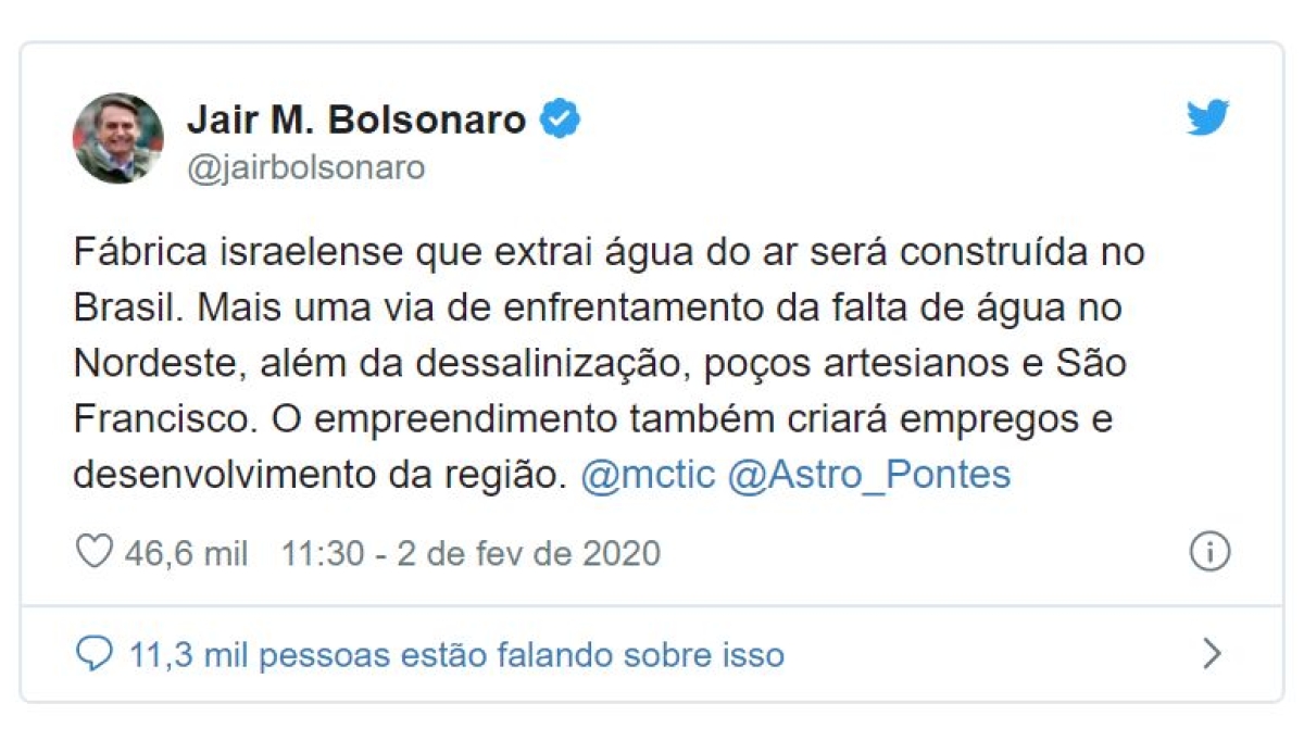 Bolsonaro anuncia fábrica "que extrai água do ar" (Imagem: Reprodução/ Twitter/ @jairbolsonaro)