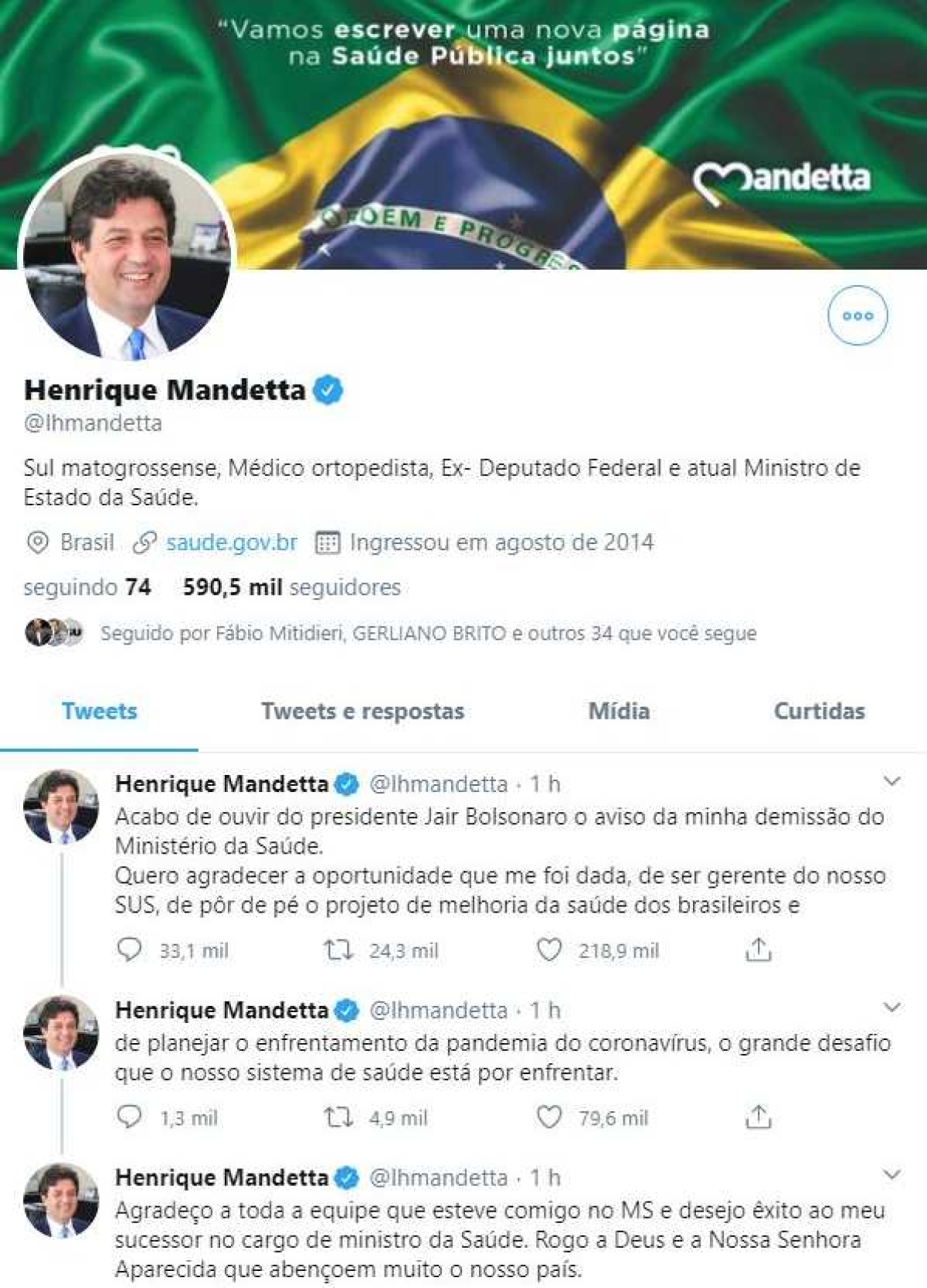Mandetta anuncia saída do Ministério da Saúde (Imagem: Reprodução/ Twitter/ Henrique Mandetta)