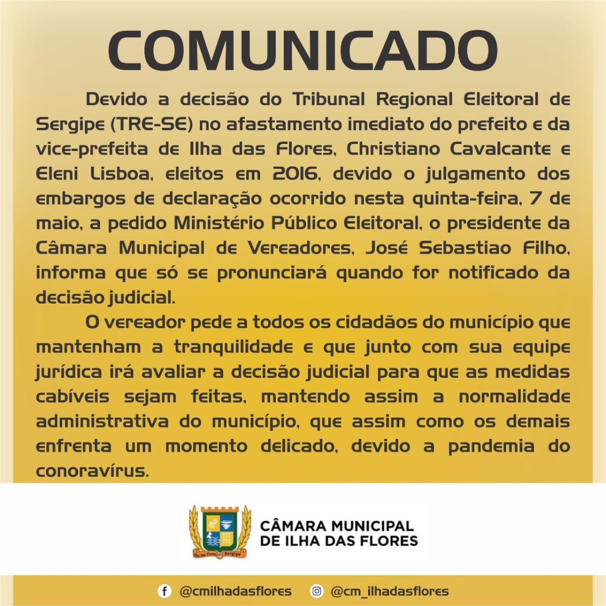 Nota da Câmara Municipal de Ilha das Flores (Imagem: Divulgação)