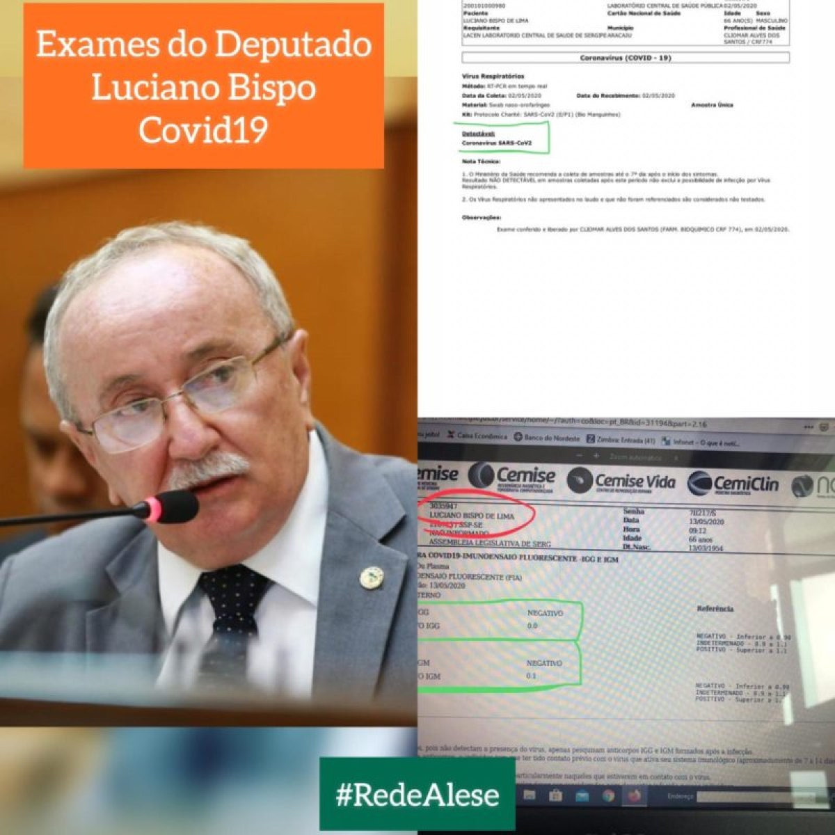 Luciano Bispo divulga resultado de exames da Covid-19 (Imagem: Rede Alese)