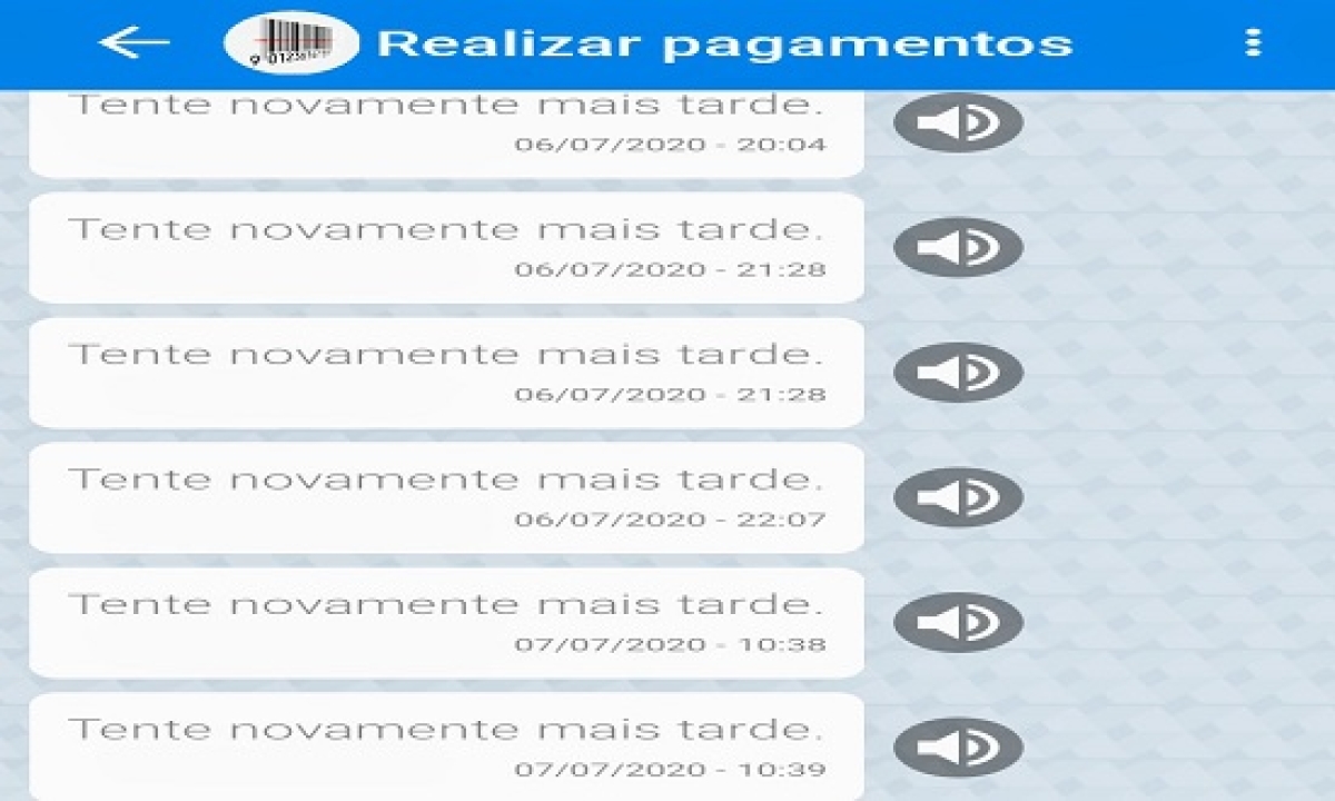 De acordo com os relatos, na hora de realizar a quitação de algum débito a função �??realizar pagamentos�?� sempre dá erro, pedindo ao usuário que �??tente novamente mais tarde (Foto: Enviada por Internauta)