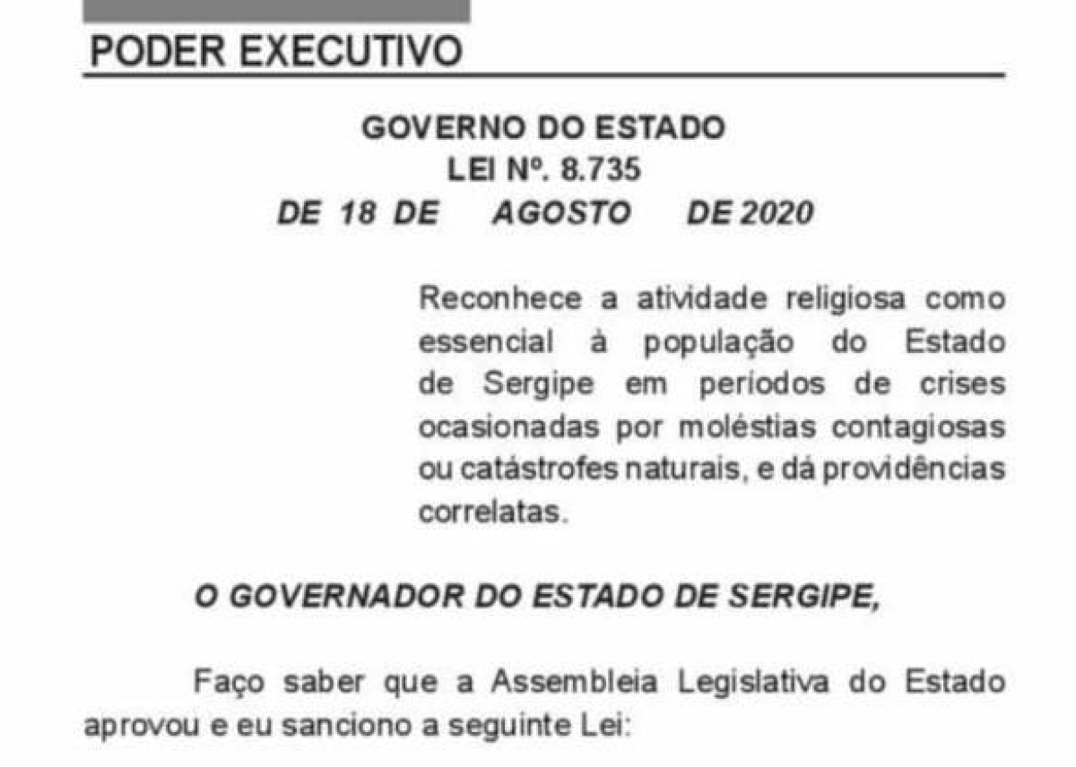 Governo de Sergipe sanciona lei que reconhece atividades religiosas como serviço essencial  (Imagem: Reprodução)