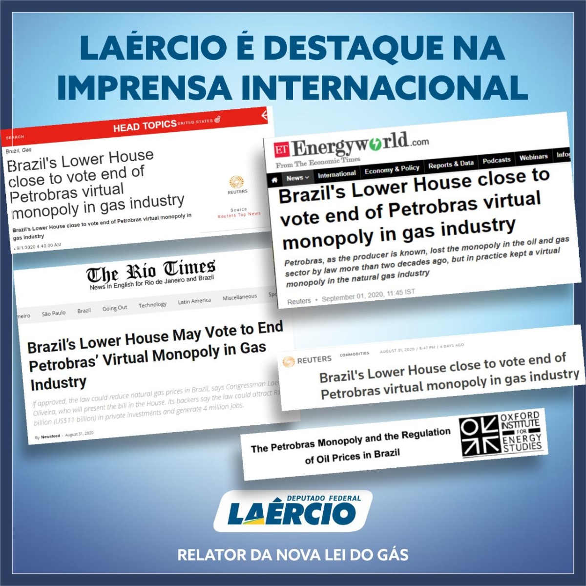 A imprensa internacional repercutiu entrevista do deputado federal Laércio Oliveira sobre a Nova Lei do Gás (Imagem: Assessoria Laércio Oliveira)