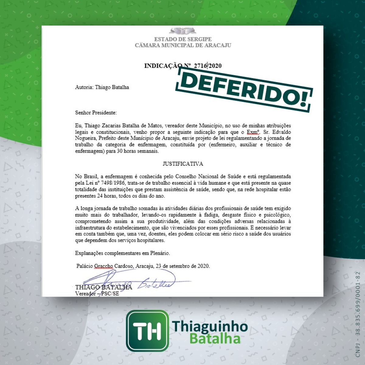 Indicação de Thiaguinho Batalha para redução de jornada de profissionais da enfermagem é deferida na câmara (Imagem: FM Assessoria)