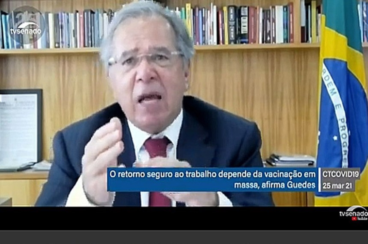 Paulo Guedes não descarta auxílio de R$ 600, mas pede venda de empresas públicas (Foto: Reprodução/ TV Senado)