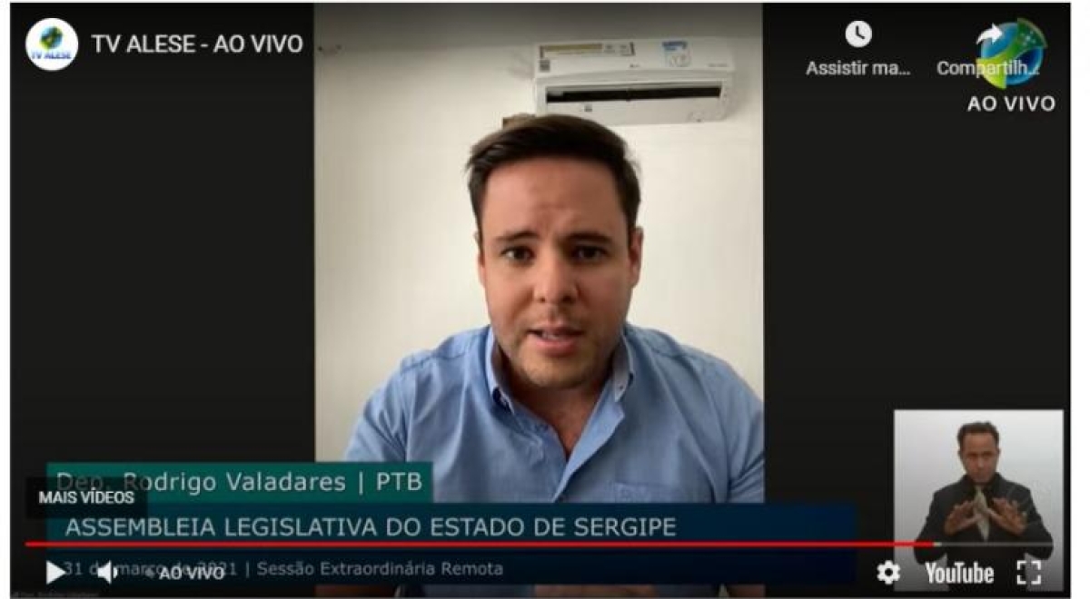 Rodrigo Valadares vota contra novo decreto de calamidade do governador de Sergipe (Imagem: Reprodução/ Assessoria Rodrigo Valadares)