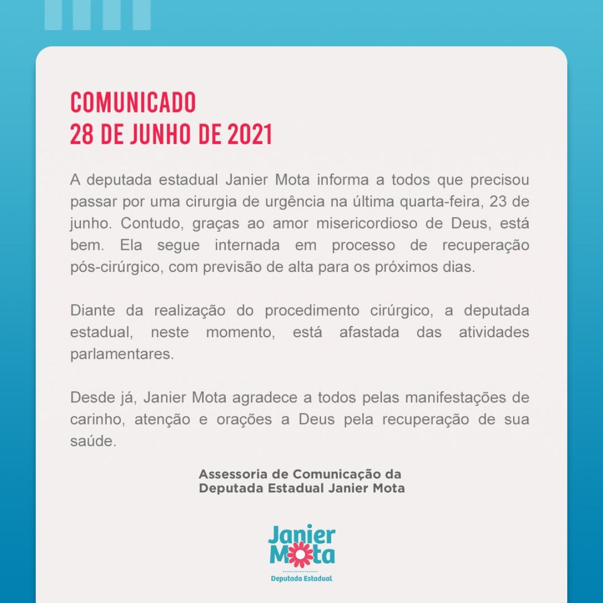 Comunicado da deputada estadual Janier Mota (Imagem: Assessoria Janier Mota)