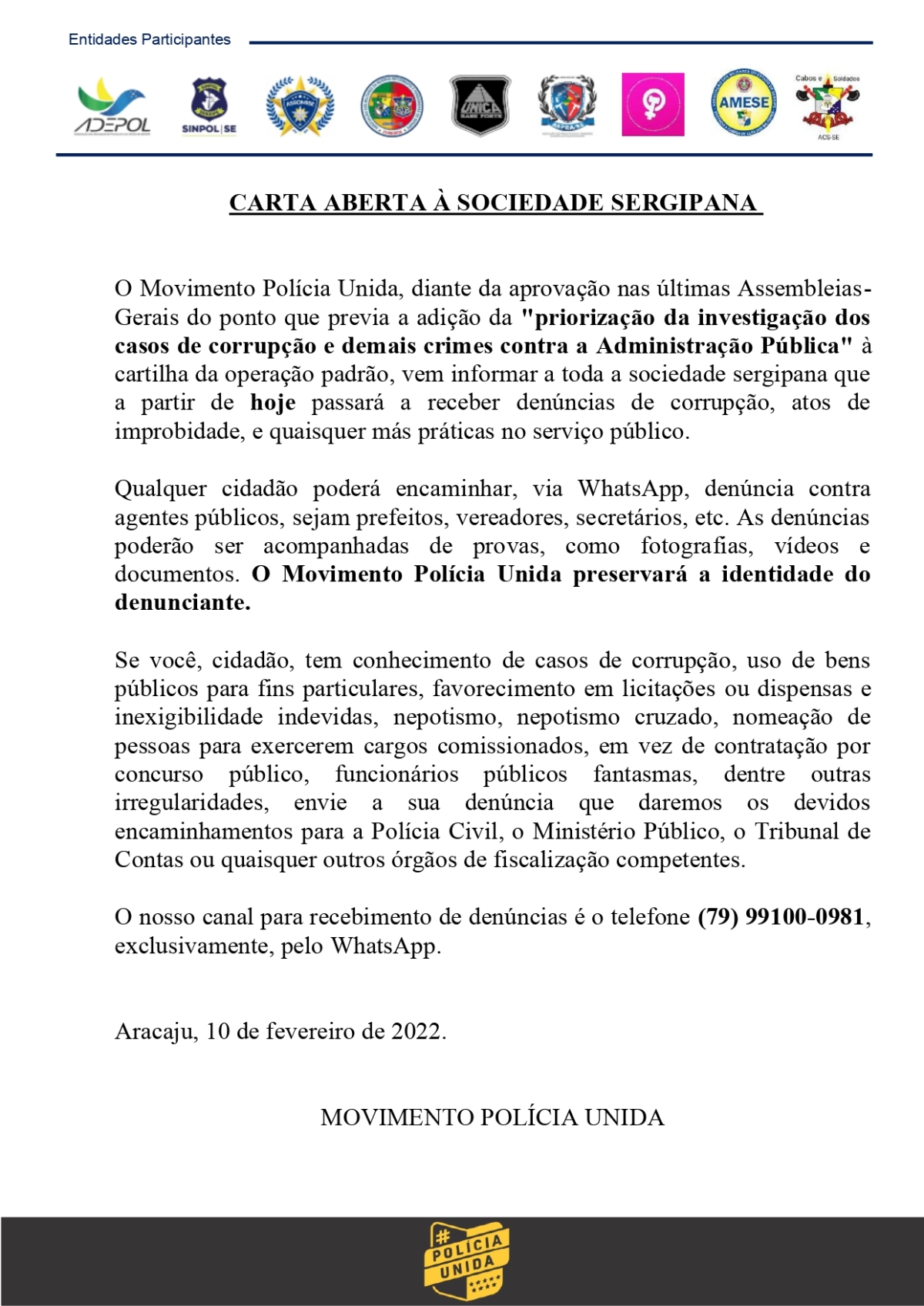 Carta aberta à sociedade sergipana
