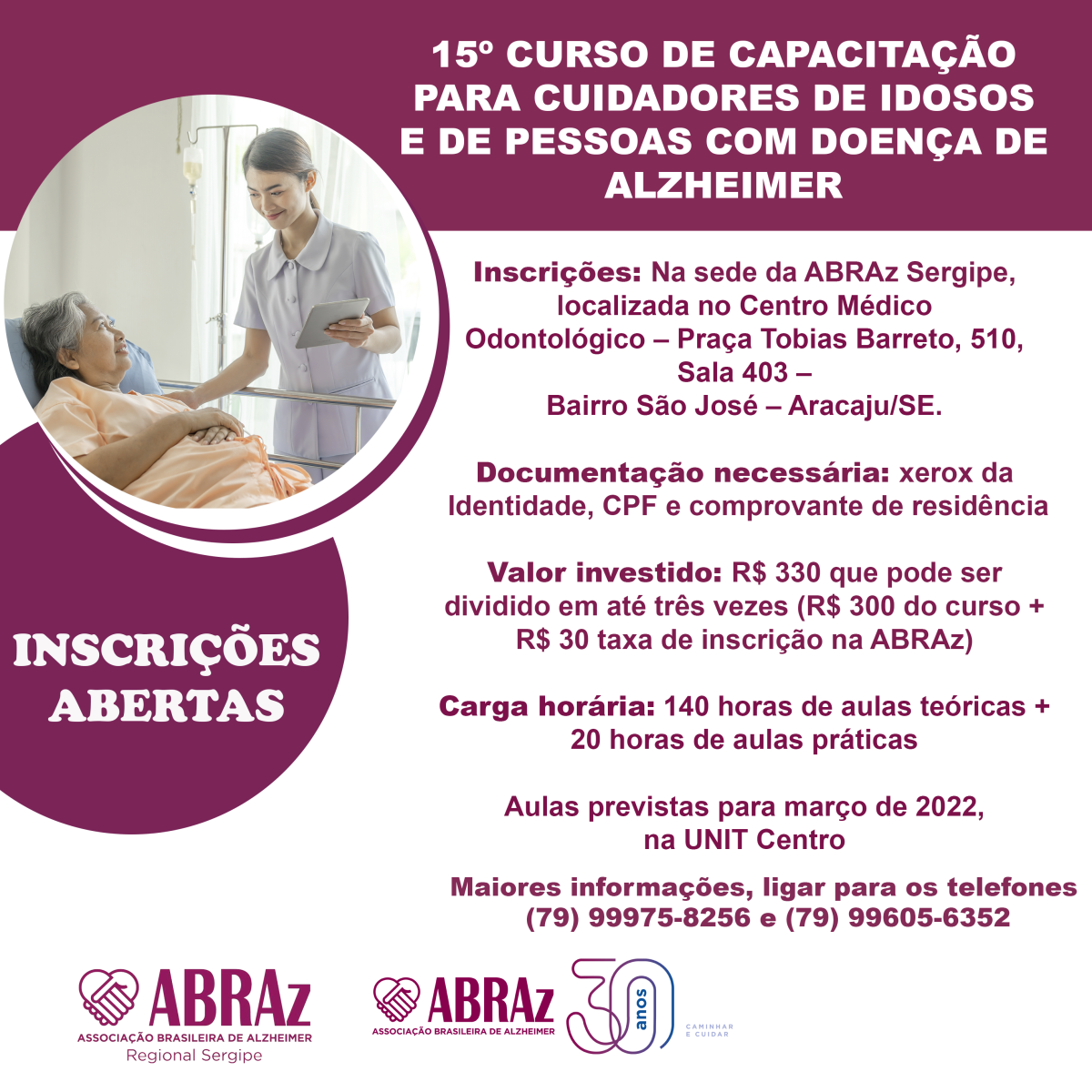 ABRAz Sergipe abre inscrições para curso de cuidadores de idosos e de pessoas com Alzheimer (Imagem: Divulgação/ ABRAz/SE)