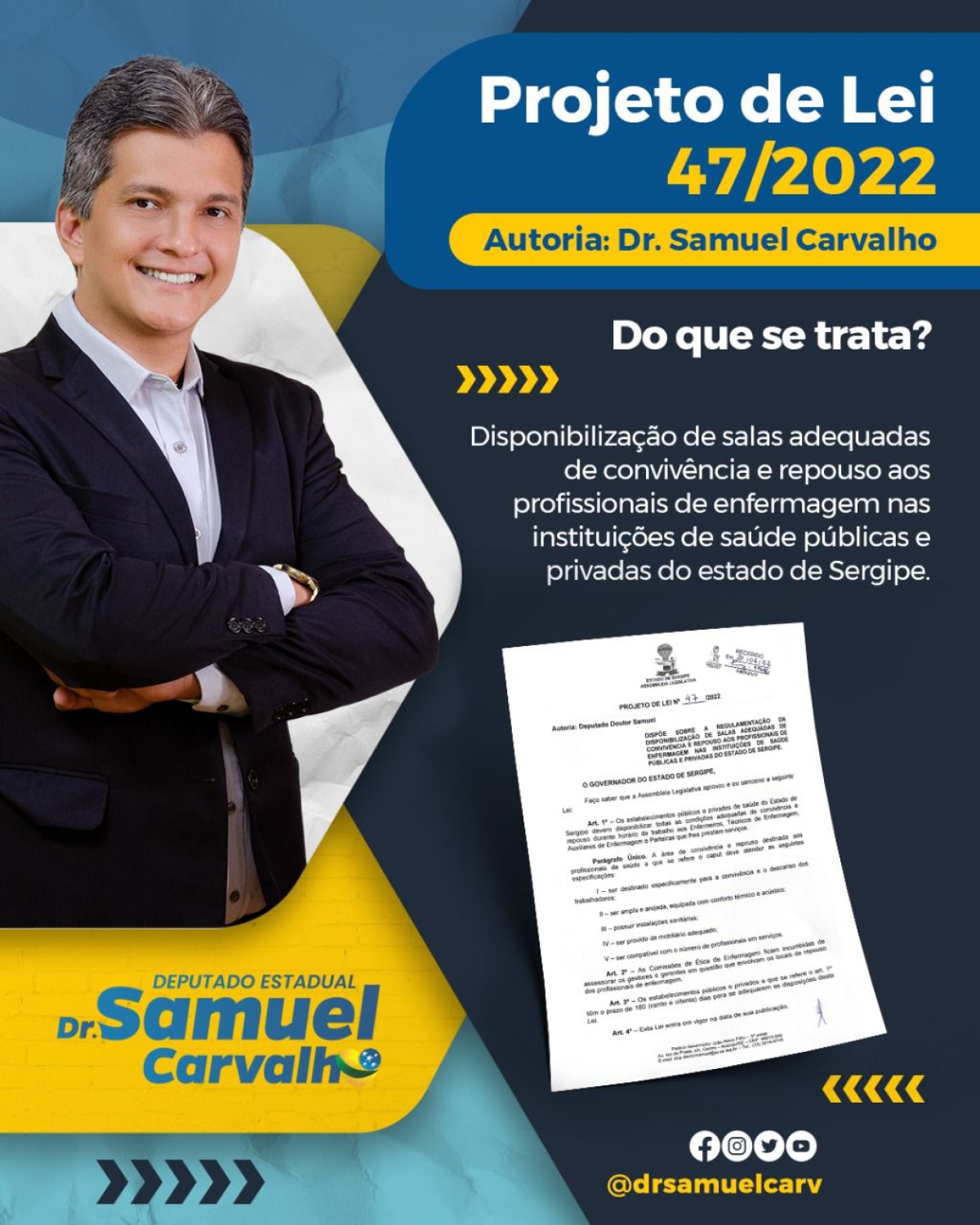 Dr. Samuel protocola PL que cria salas de convivência e repouso para os profissionais da enfermagem (Imagem: Assessoria Dr. Samuel Carvalho)