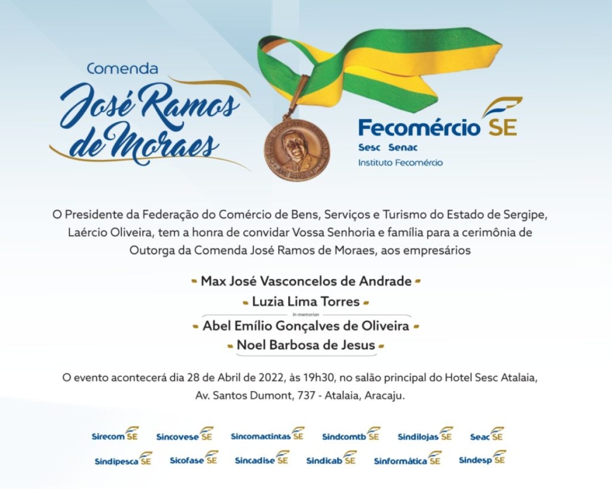 Fecomércio homenageará quatro empresários com a Comenda José Ramos de Moraes - Imagem: Fecomércio/SE