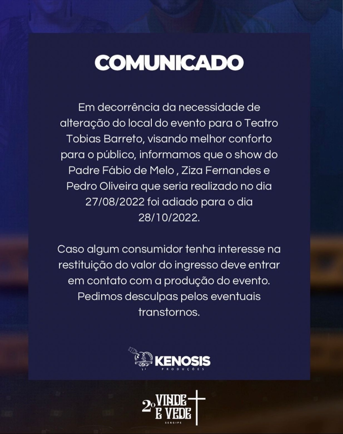 Vinde e Vede Sergipe com Pe. Fábio de Melo é adiado para 28 de outubro - Imagem: Divulgação