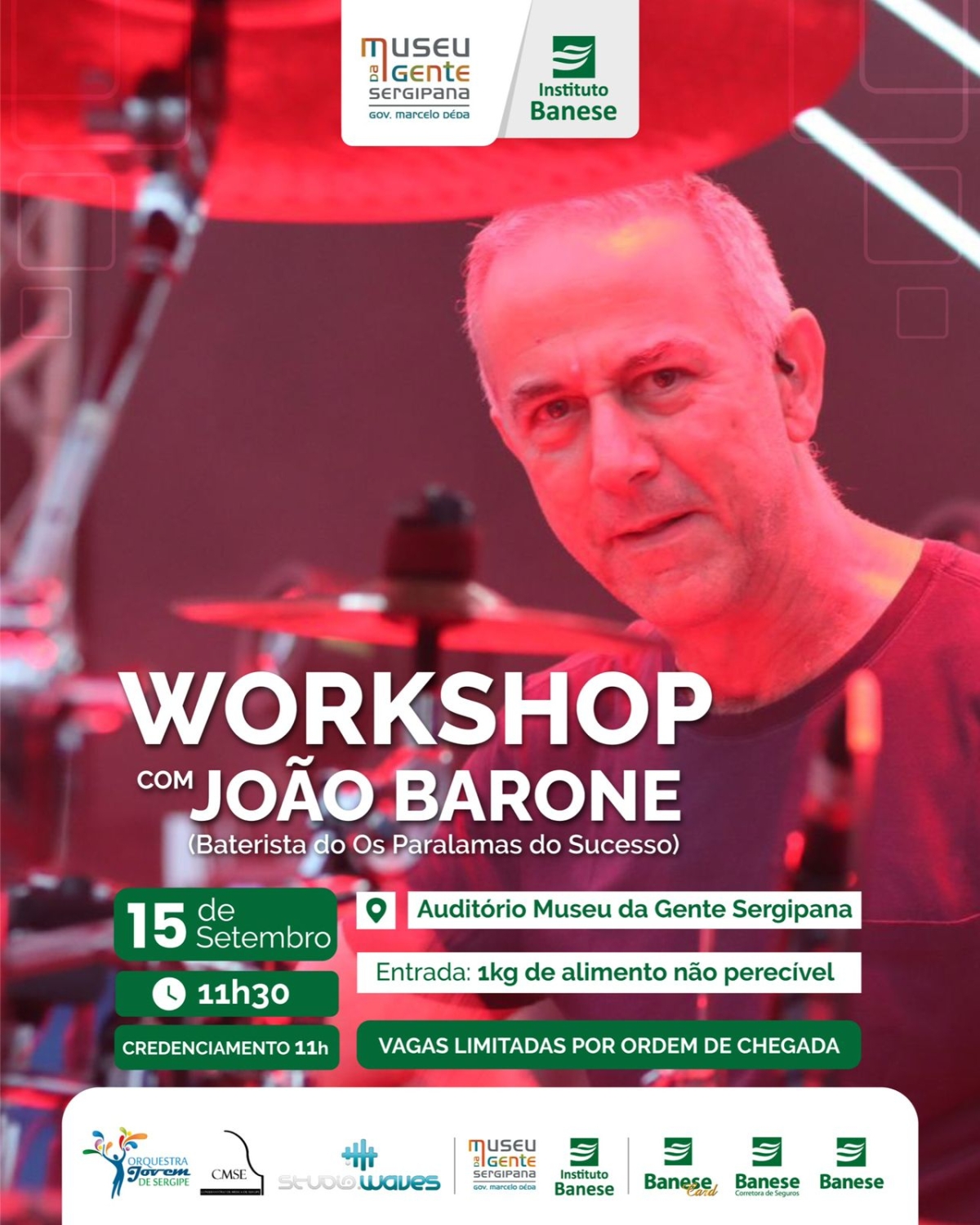 Instituto Banese e Orquestra Jovem de Sergipe promovem workshop com o baterista João Barone - Imagem: Divulgação
