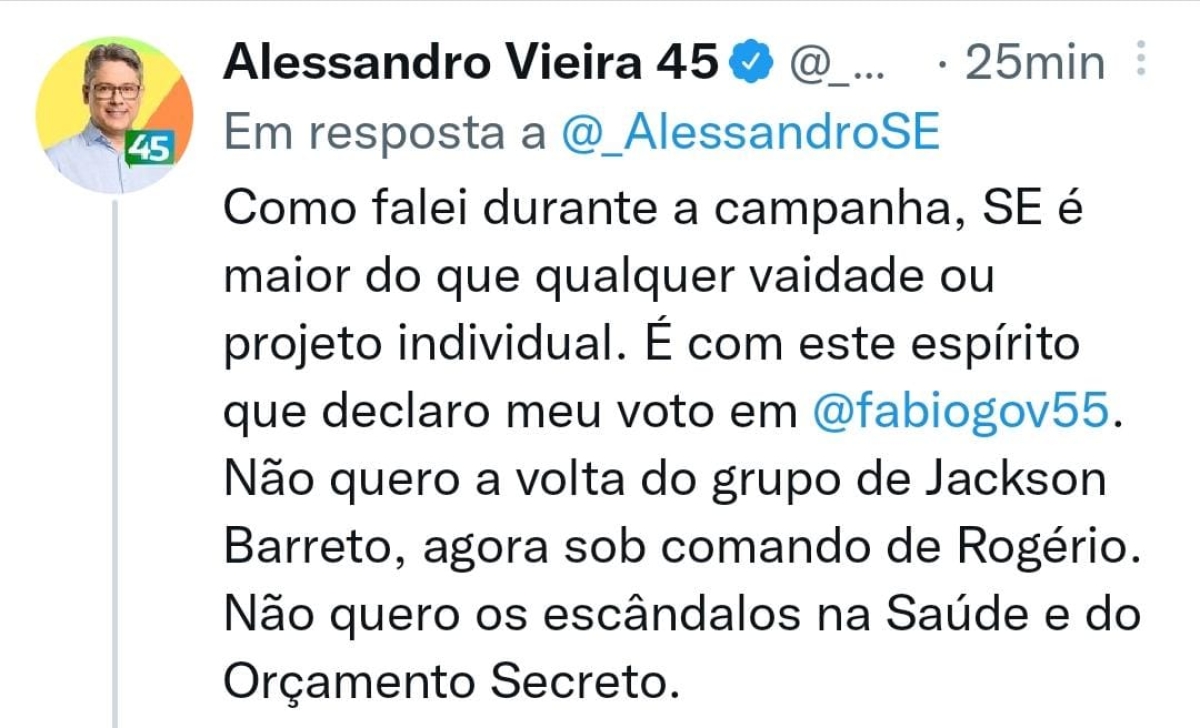 "Vamos juntos renovar Sergipe com ética e seriedade", diz Fábio Mitidieri sobre apoio de Alessandro Vieira - Imagem: Reprodução