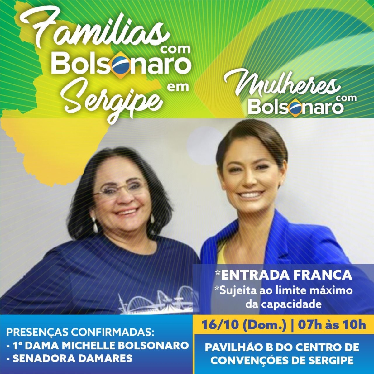 Michele Bolsonaro e Damares Alves no próximo domingo, 16/10, em Sergipe - Imagem: Divulgação
