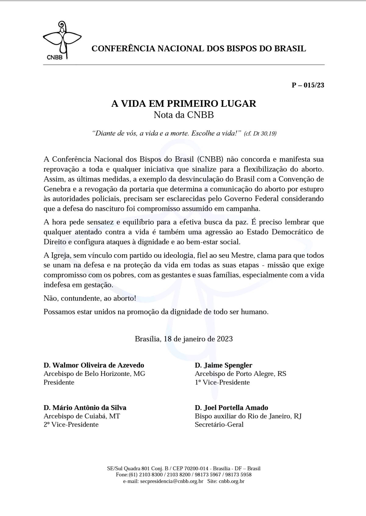 Nota contra o aborto - Imagem: reprodução/CNBB