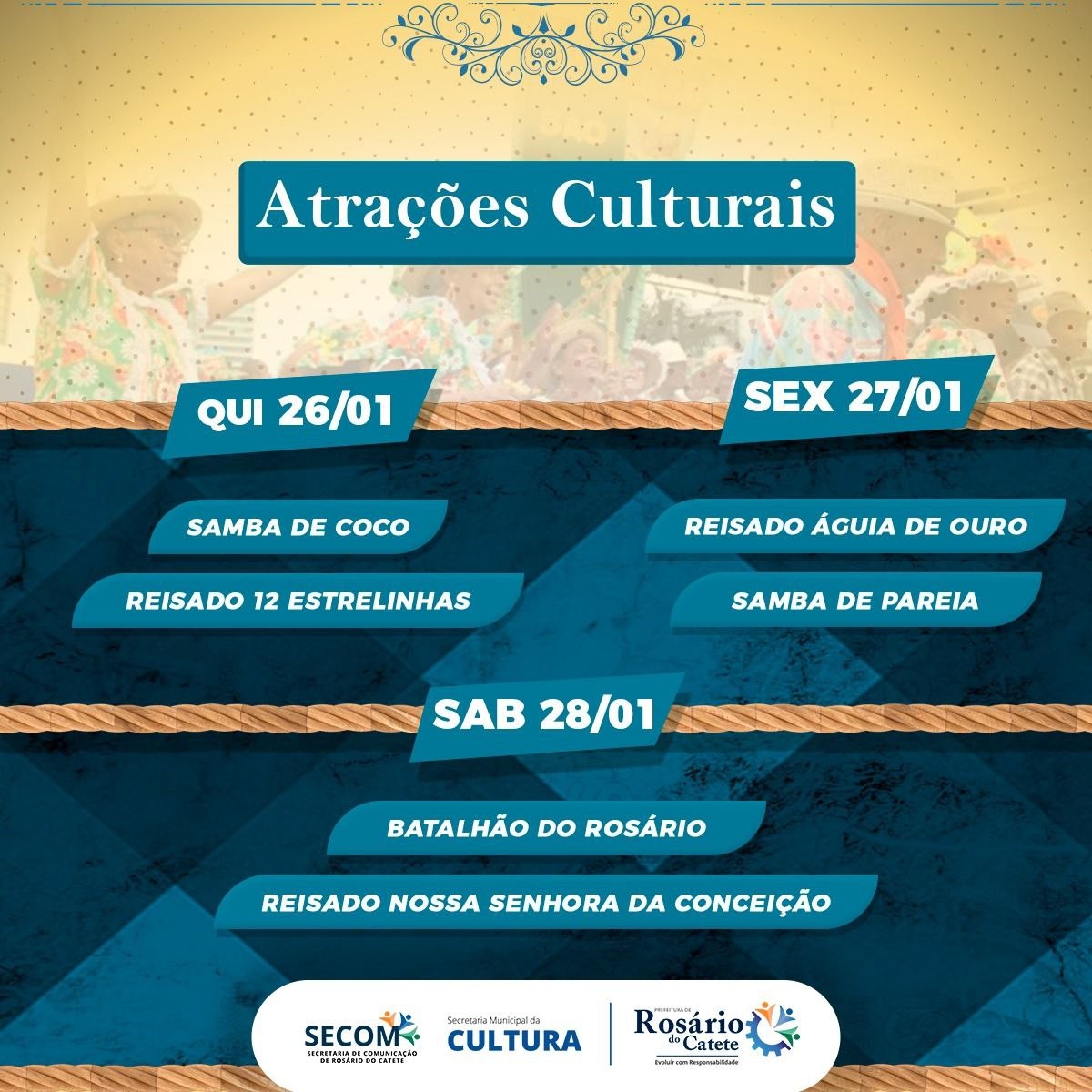 Atrações culturais da Festa de São Benedito - Imagem: Divulgação | Prefeitura de Rosário do Catete