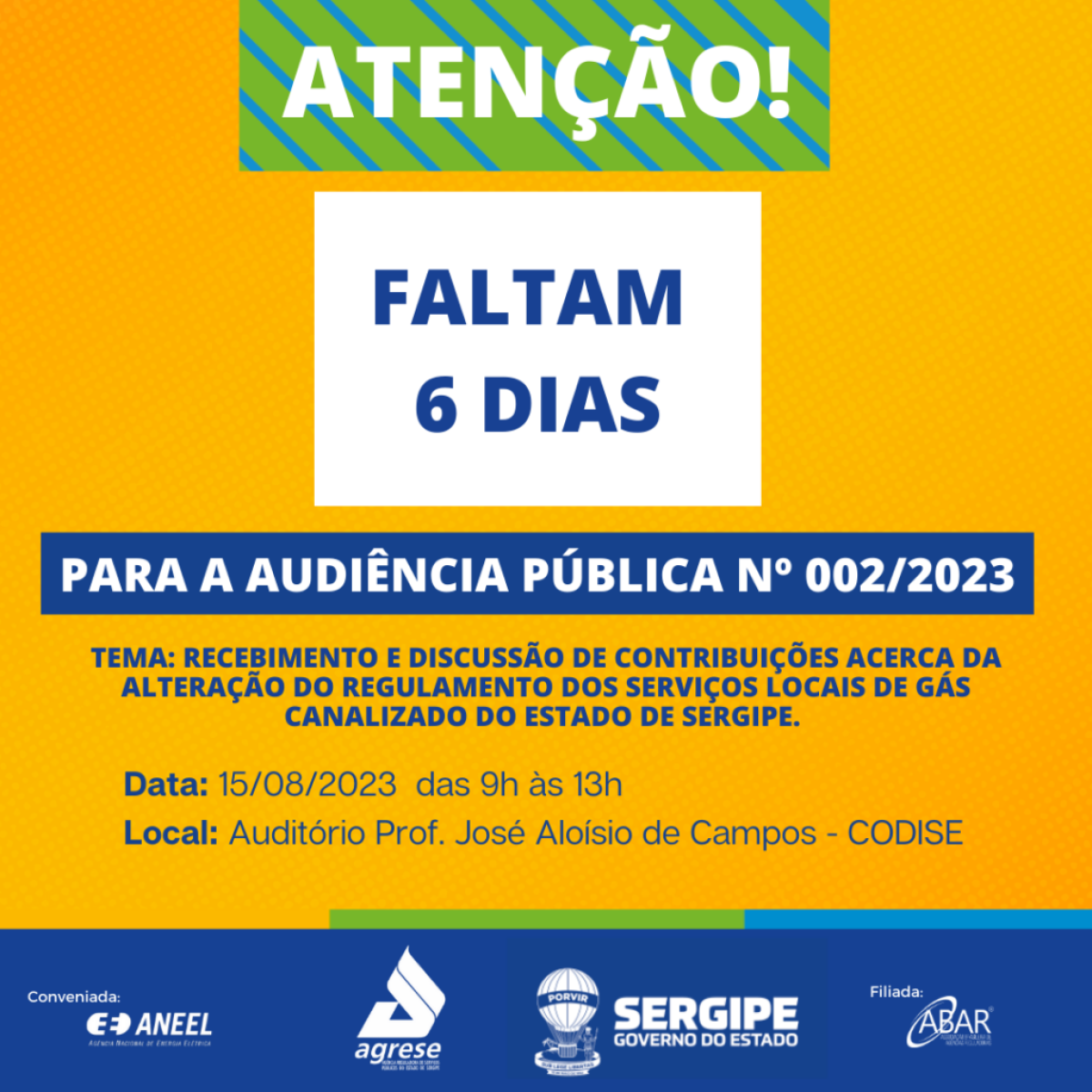 Contagem Regressiva: Audiência Pública da Agrese em 6 dias para discutir melhorias regulatórias para os serviços de gás canalizado em Sergipe - Imagem: Divulgação