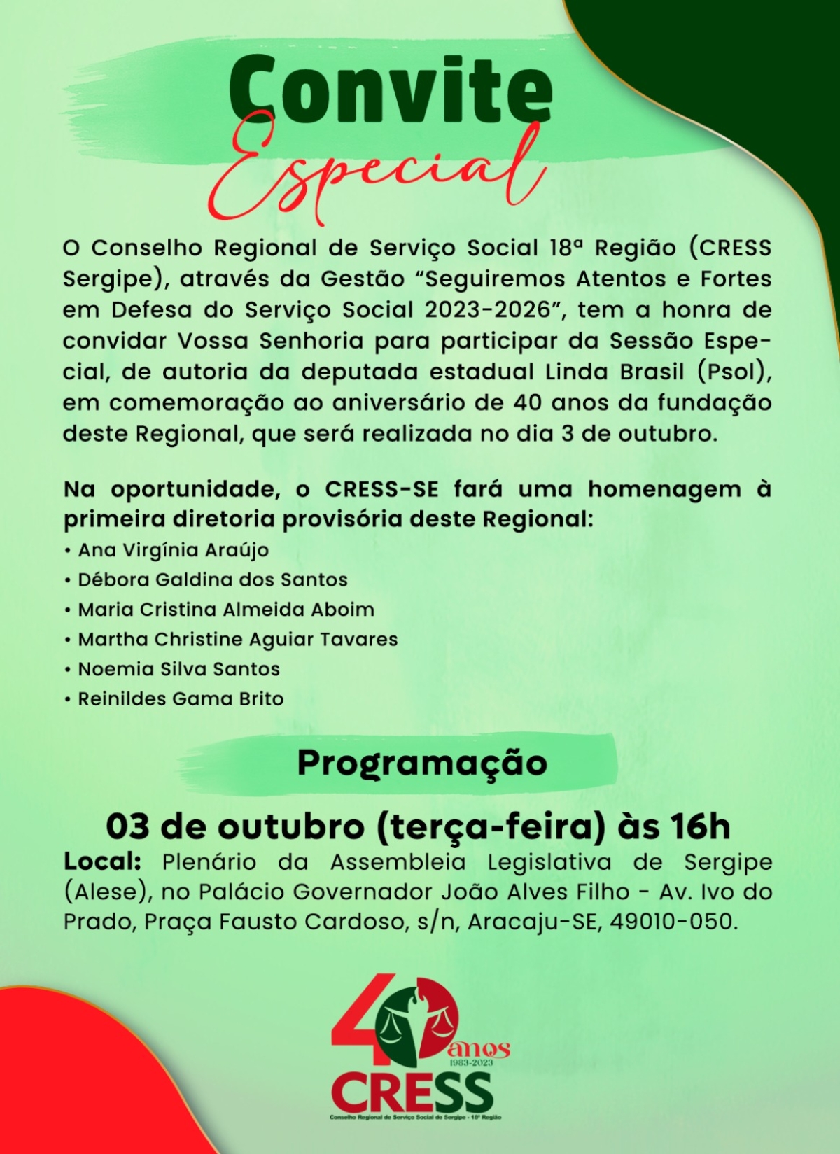 CRESS-SE convida assistentes sociais para homenagem dos 40 anos de fundação do Regional - Imagem: Divulgação | CRESS-SE