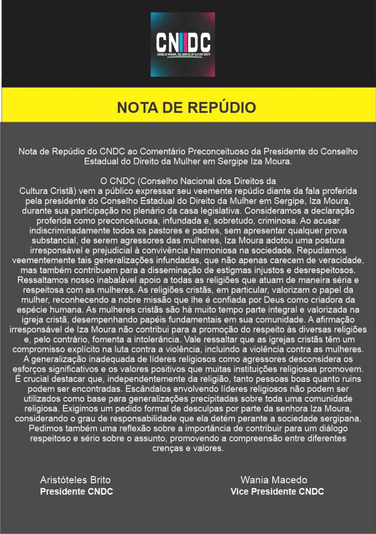 Nota de Repúdio do CNDC ao Comentário Preconceituoso da Presidente do Conselho Estadual do Direito da Mulher em Sergipe - Reprodução | Instagram | @culturacristanatvcndc
