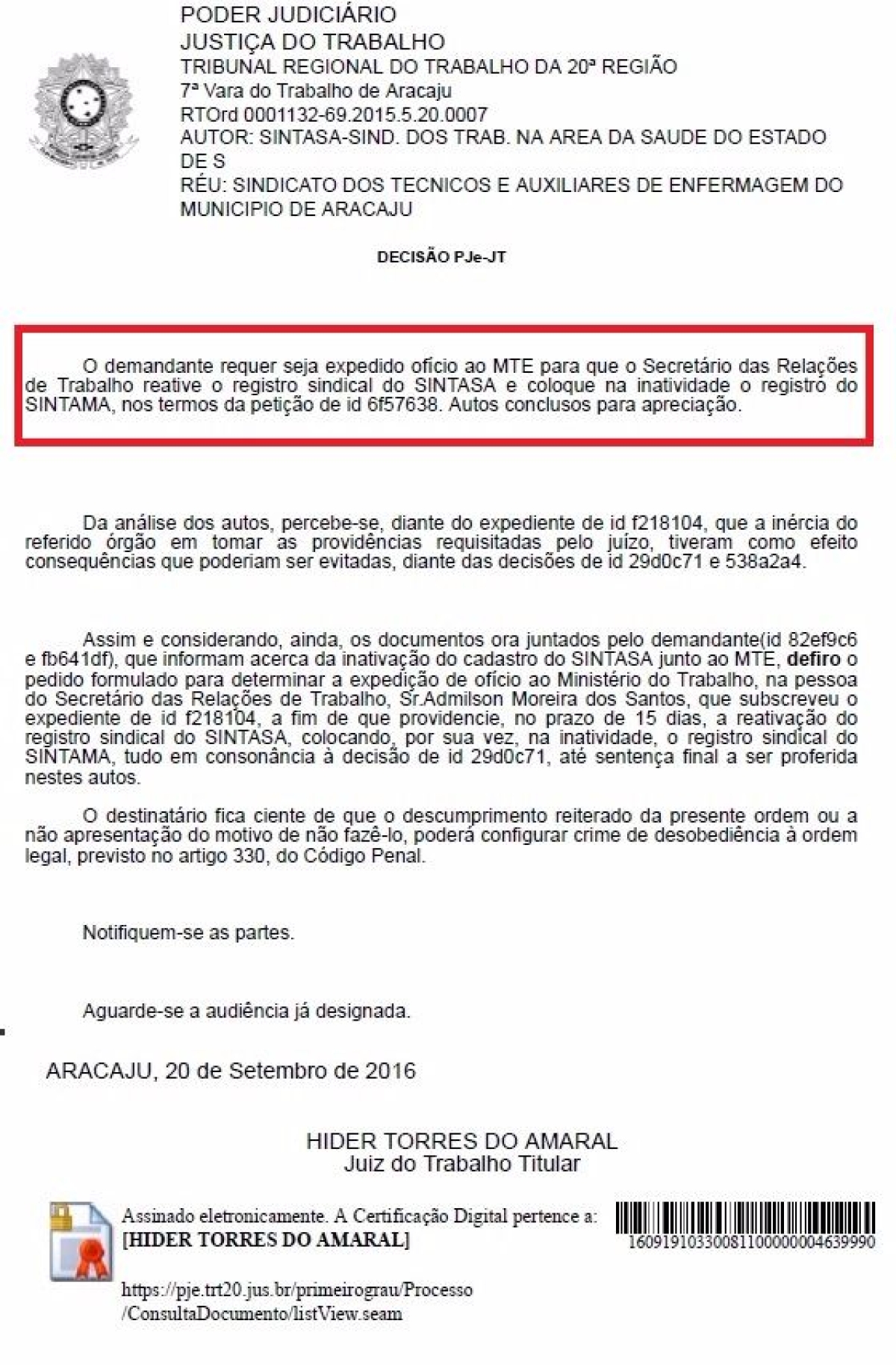 Justi�a confirma registro sindical do Sintasa em Aracaju e perda de registro do Sintama (Imagem: Reprodu��o | Via Sintasa)