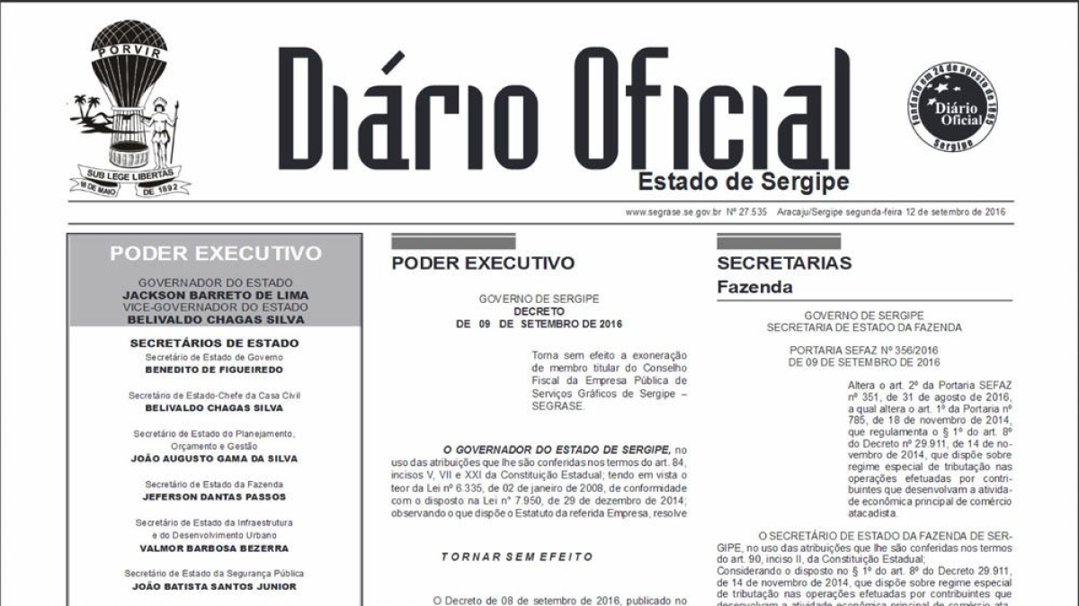 Sefaz/Sergipe altera regime de tributa��o do com�rcio atacadista para aumentar competitividade das empresas sergipanas (Imagem: Reprodu��o/Di�rio Oficial | Via Sefaz/SE)